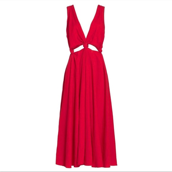FARM Rio Dresses & Skirts - Farm Rio Red Knotted Cut- Out Linen Midi Dress